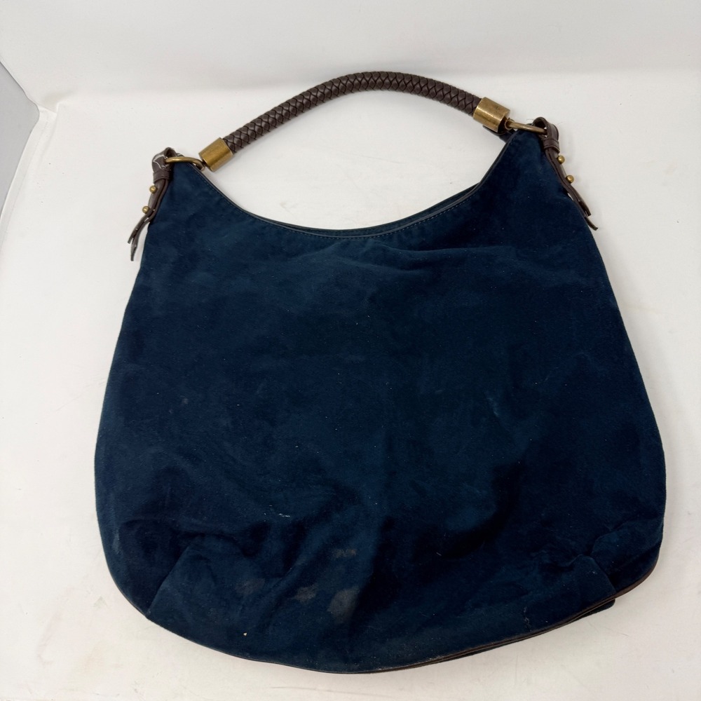 Nine West Navy Blue Faux Suede Hobo Bag Braided Handle Brass Hardware Slouchy - Picture 12 of 12